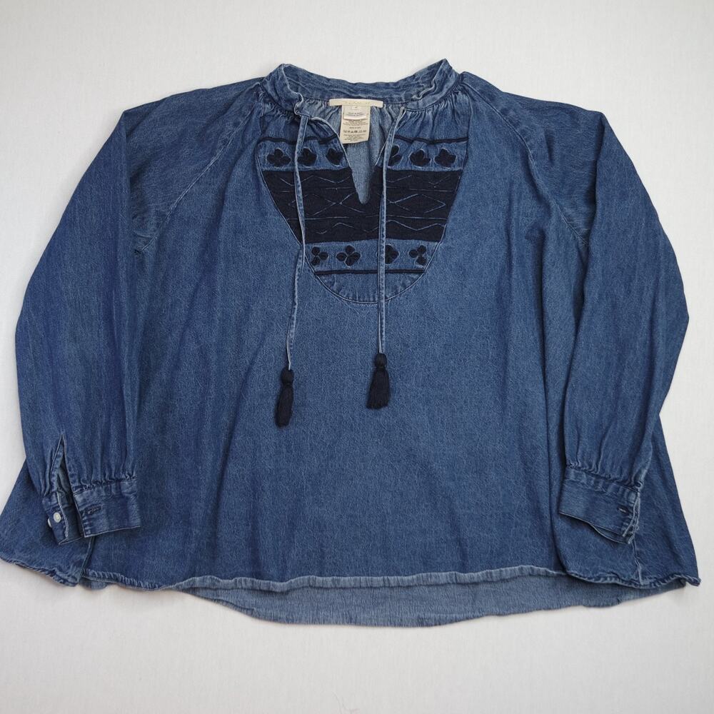 VTG Y2K Anthropologie Denim Long Sleeve Boho Size Small Top Cottagecore Tassles